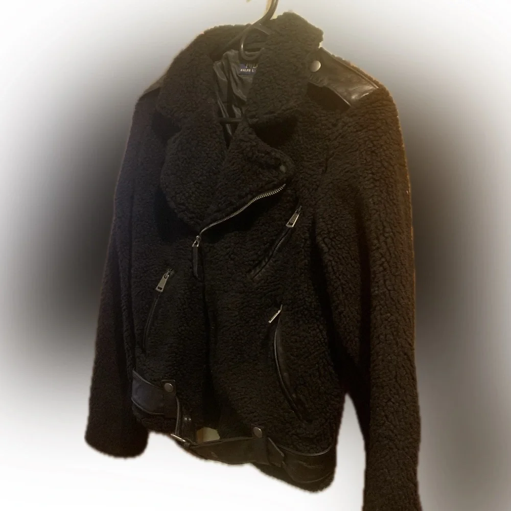 Polo Ralph Lauren Fluffy Fleece Sheep Leather Teddy Pilo Bomber Moto Jacket XS - Picture 6 of 13